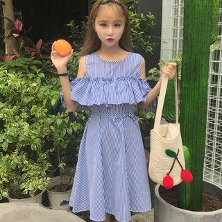 Striped Cold-shoulder Ruffle A-line Dress