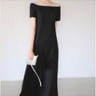 Short-sleeve Off-shoulder Midi A-line Dress Black - One Size