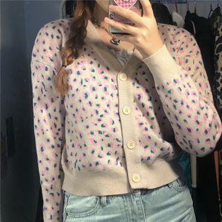 V-neck Leopard Printed Knitted Crop Sweater As Shown In Figure - One Size