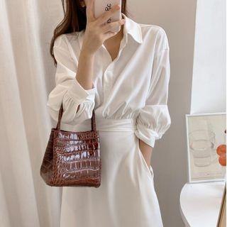Mock Two-piece Long-sleeve A-line Midi Shirtdress