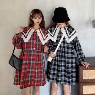 Long-sleeve Lace Trim Plaid Mini A-line Dress