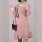 Long-sleeve Square-neck Ruffle Hem Mini Sheath Dress