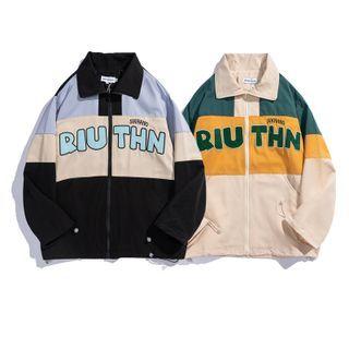 Lettering Embroidered Color Block Zip Shirt Jacket