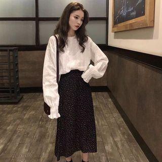 Long-sleeve Lace Top / Dotted A-line Dress