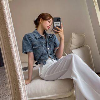 Smocked-hem Cropped Denim Blouse Light Blue - One Size