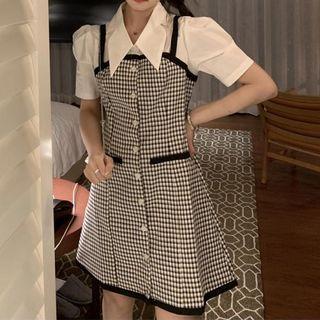 Puff-sleeve Mock Two-piece Mini A-line Dress Plaid - Black & White - One Size