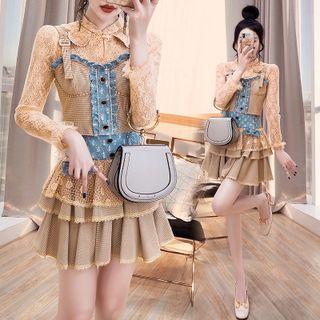 Set: Long-sleeve Lace Top + Camisole Top + A-line Skirt