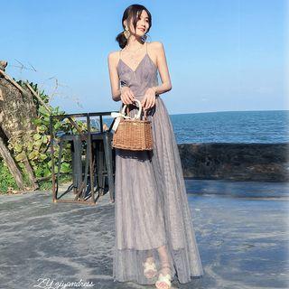 Mesh Overlay Spaghetti Strap Maxi Dress