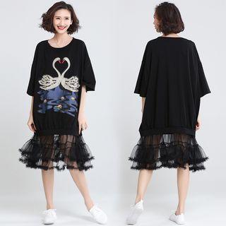 Mesh Hem Swan Embroidered Elbow Sleeve Dress