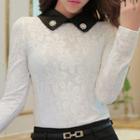 Faux Pearl Collared Lace Long Sleeve T-shirt