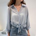 3/4-sleeve Striped Front Knot Shirt