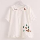 Short-sleeve Cartoon Embroidered Buttoned Blouse White - One Size