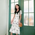 Contrast Collar Floral Puff-sleeve Midi A-line Dress