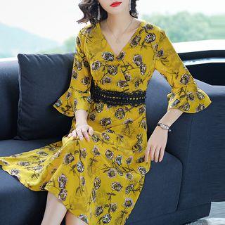 3/4-sleeve Floral Print Chiffon Midi Dress