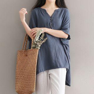Plain Elbow Sleeve Linen Blend T-shirt