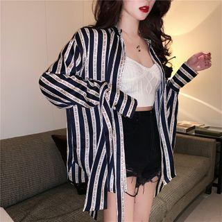 Tie-accent Striped Loose Shirt / Knit Bralette