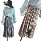 Asymmetric Lace Panel Velvet Pleated Skirt