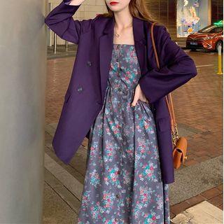 Double-breasted Blazer / Spaghetti Strap Floral Jacquard Midi A-line Dress