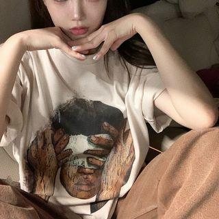 Elbow-sleeve Graphic Print T-shirt Graphic - Brown & White & Black - One Size