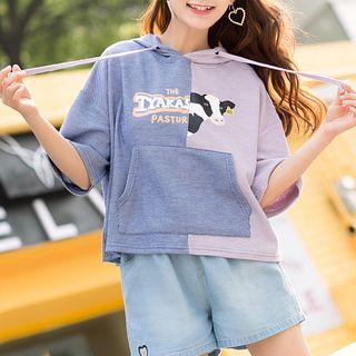 Elbow-sleeve Hooded Panel T-shirt