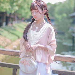 Set: Wide-sleeve V-neck Top + Embroidered Camisole