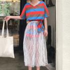 Set: Elbow-sleeve Color Block Long T-shirt + Sheer Midi Skirt