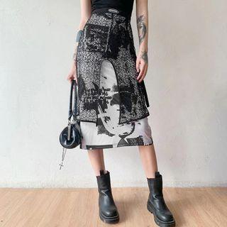 High-waist Lace Panel Midi A-line Skirt