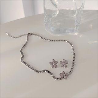 Flower Rhinestone Alloy Necklace / Earring