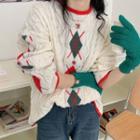 Argyle Cable-knit Loose-fit Sweater Off-white & Red & Green - One Size
