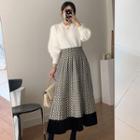 Puff-sleeve Sweater / Patterned Midi A-line Skirt