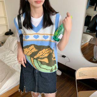 V-neck Printed Knit Vest Vest - One Size