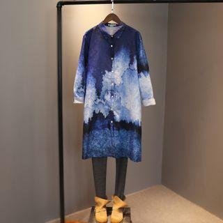 Long-sleeve Tie Dye Midi Shirtdres Blue - One Size