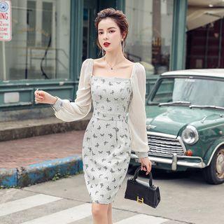 Long-sleeve Chiffon Panel Mini Sheath Dress