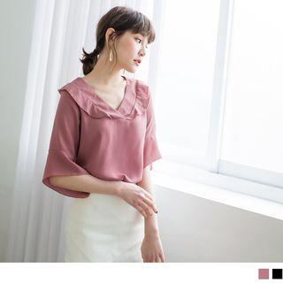 3/4 Sleeve V-neck Frilled Trim Top