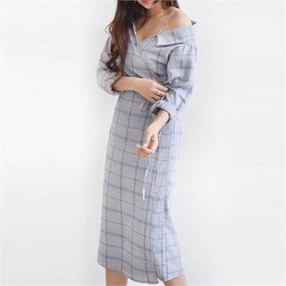 Off-shoulder Wrap-front Check Shirtdress