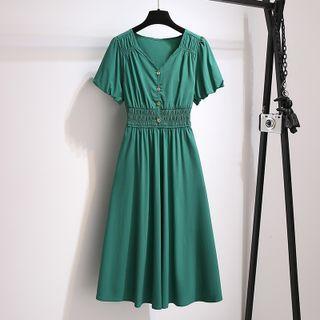 Short-sleeve V-neck Plain Chiffon Dress