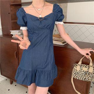 Denim Ruffle Hem Mini A-line Dress