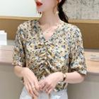 Floral Print Shirred-front Short-sleeve Blouse