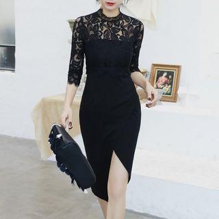 Lace Panel Elbow-sleeve Front-slit Midi Sheath Dress