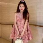 Sleeveless Mesh Panel 3d Flower Mini Dress Pink - One Size