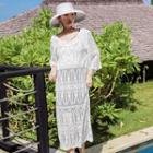Long-sleeve Embroidered Midi Dress White - One Size