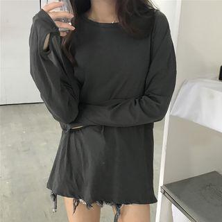 Rip Trim Long-sleeve T-shirt / Dot Cropped Wide Leg Pants