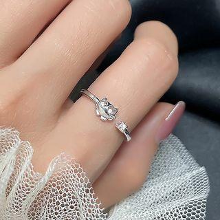 Rhinestone Owl Open Ring 1 Pc - Silver - One Size