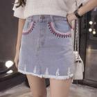 Embroidered Distressed A-line Denim Skirt
