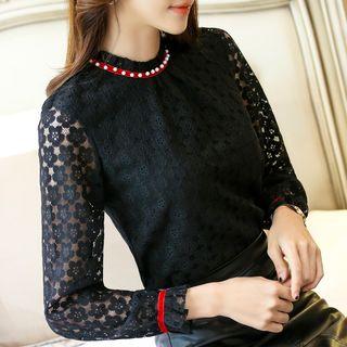 Faux-pearl Detail Lace Long-sleeve Top