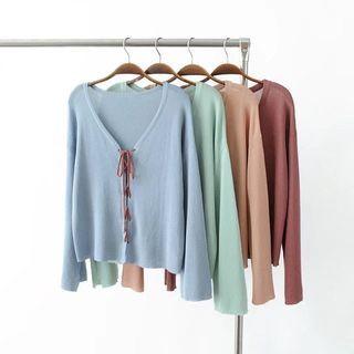 Bell Sleeve V-neck Tie-front Knit Top