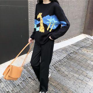Giraffe Print Sweater / Midi Straight-fit Skirt / Straight-cut Pants