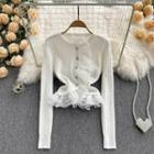 Round-neck Lace Flower Trim Panel Cardigan