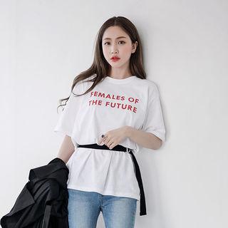 Short-sleeve Lettering Belted T-shirt