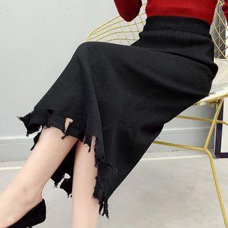Distressed Straight-fit Midi Knit Skirt